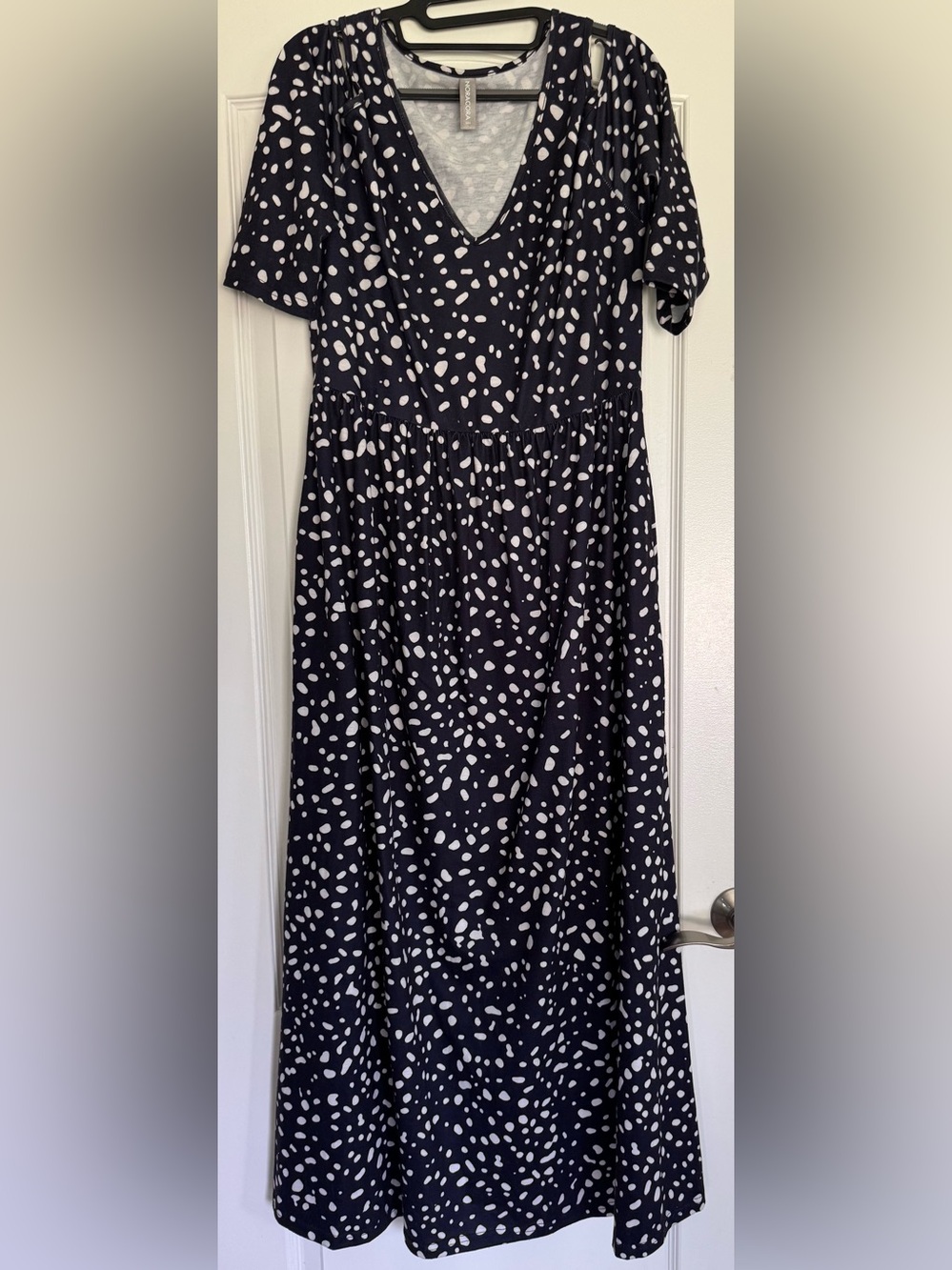 Noracora Maxi Dress L Navy White Cold Shoulder V Neck Boho Casual Stretch